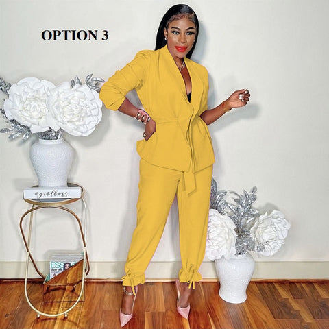New Sashes Long Sleeve Blazer Tie Up Pants Two 2 Piece Set CODE: KAR1804