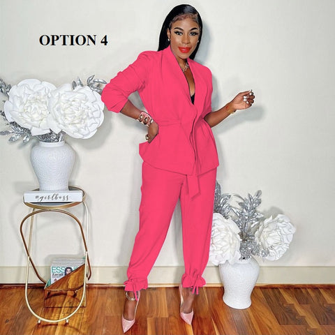 New Sashes Long Sleeve Blazer Tie Up Pants Two 2 Piece Set CODE: KAR1804