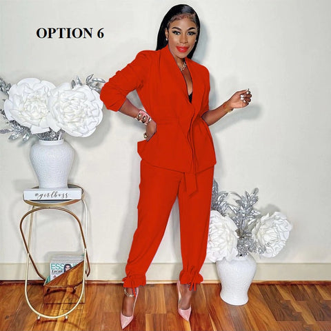 New Sashes Long Sleeve Blazer Tie Up Pants Two 2 Piece Set CODE: KAR1804