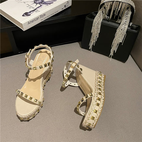 New Buckle Strap Metal Rattan Weave Platform Wedges High Heel Sandals CODE: KAR1806