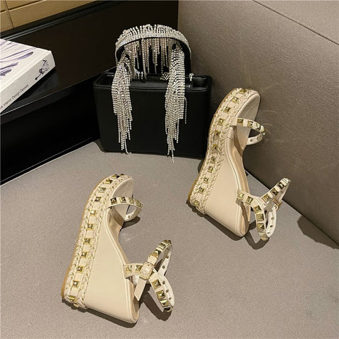 New Buckle Strap Metal Rattan Weave Platform Wedges High Heel Sandals CODE: KAR1806