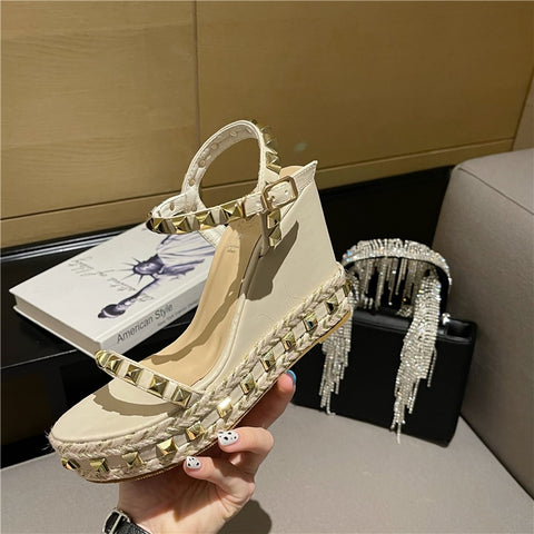 New Buckle Strap Metal Rattan Weave Platform Wedges High Heel Sandals CODE: KAR1806