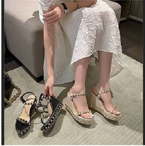 New Buckle Strap Metal Rattan Weave Platform Wedges High Heel Sandals CODE: KAR1806