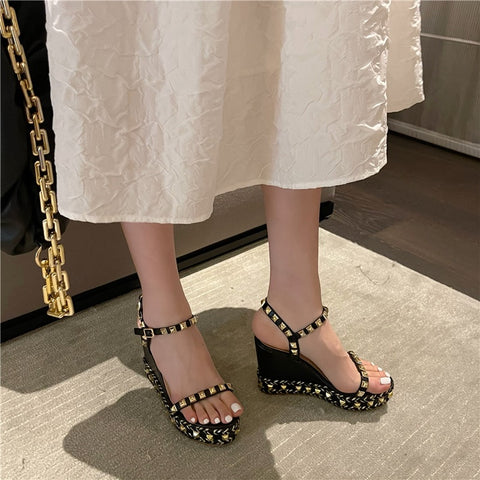 New Buckle Strap Metal Rattan Weave Platform Wedges High Heel Sandals CODE: KAR1806