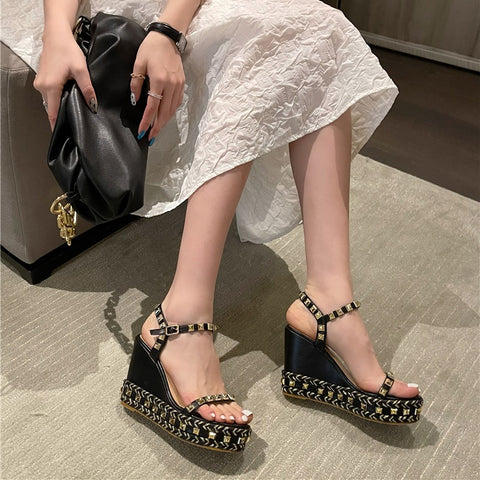 New Buckle Strap Metal Rattan Weave Platform Wedges High Heel Sandals CODE: KAR1806