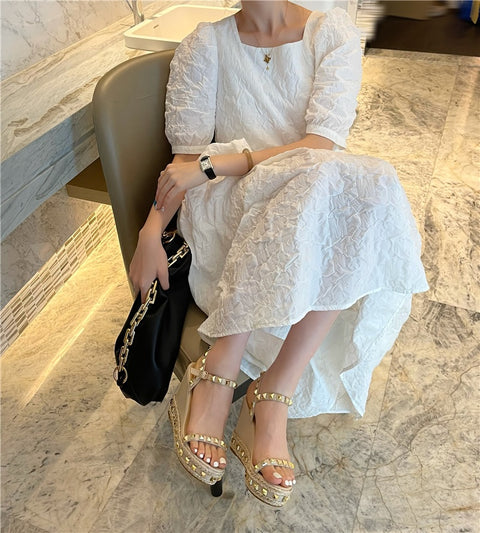 New Buckle Strap Metal Rattan Weave Platform Wedges High Heel Sandals CODE: KAR1806