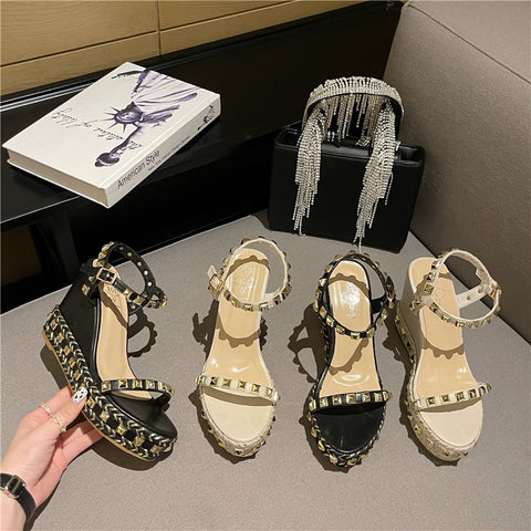 New Buckle Strap Metal Rattan Weave Platform Wedges High Heel Sandals CODE: KAR1806