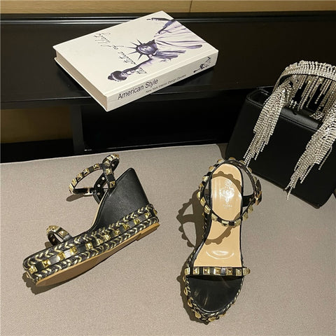 New Buckle Strap Metal Rattan Weave Platform Wedges High Heel Sandals CODE: KAR1806