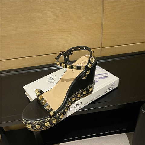 New Buckle Strap Metal Rattan Weave Platform Wedges High Heel Sandals CODE: KAR1806