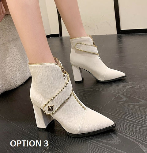 New Fashion Pointed Metal Buckle Front Zipper Simple Coarse Heel Short Boots CODE: KAR1809