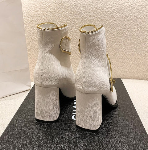 New Fashion Pointed Metal Buckle Front Zipper Simple Coarse Heel Short Boots CODE: KAR1809