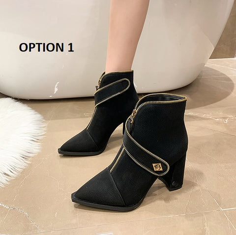 New Fashion Pointed Metal Buckle Front Zipper Simple Coarse Heel Short Boots CODE: KAR1809