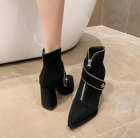 New Fashion Pointed Metal Buckle Front Zipper Simple Coarse Heel Short Boots CODE: KAR1809