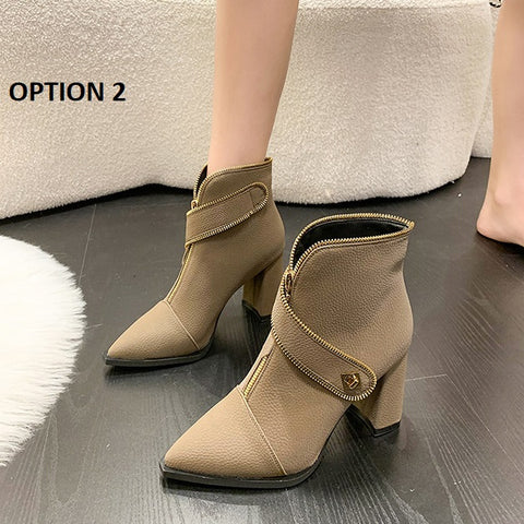 New Fashion Pointed Metal Buckle Front Zipper Simple Coarse Heel Short Boots CODE: KAR1809