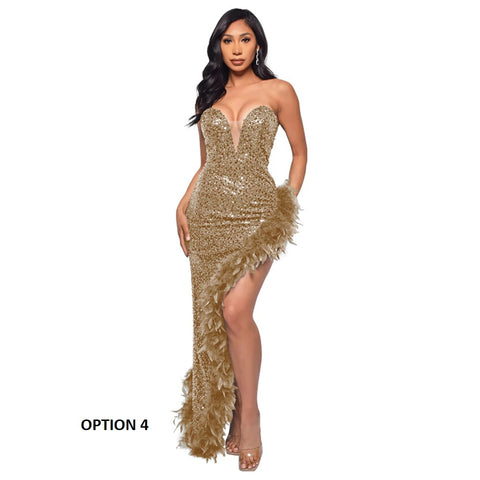 New Elegant Evening Sexy Plus Size Sequin Feather Wrap Dress CODE: KAR1811