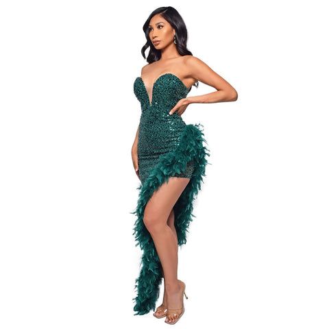 New Elegant Evening Sexy Plus Size Sequin Feather Wrap Dress CODE: KAR1811