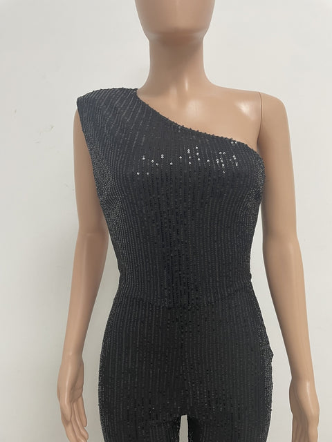 New Elegant Slanted Collar Sexy Glitter Sequin Fashion Backless Long Jumpsuits CODE: KAR1812