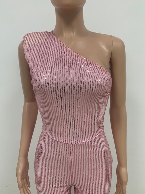 New Elegant Slanted Collar Sexy Glitter Sequin Fashion Backless Long Jumpsuits CODE: KAR1812