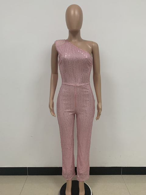 New Elegant Slanted Collar Sexy Glitter Sequin Fashion Backless Long Jumpsuits CODE: KAR1812