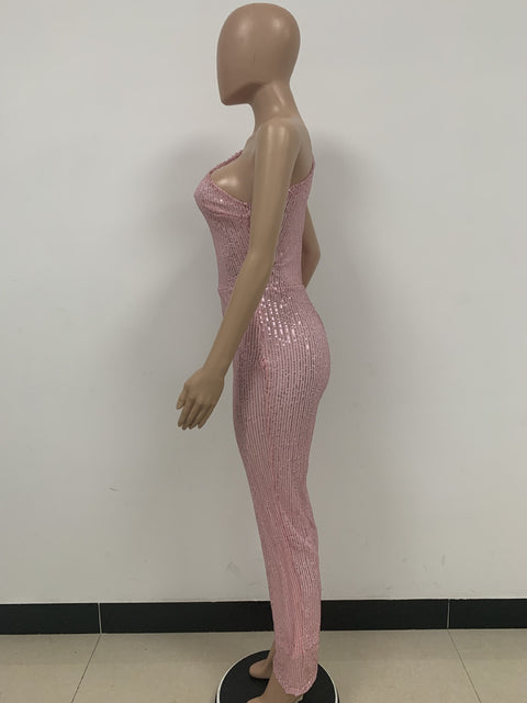 New Elegant Slanted Collar Sexy Glitter Sequin Fashion Backless Long Jumpsuits CODE: KAR1812