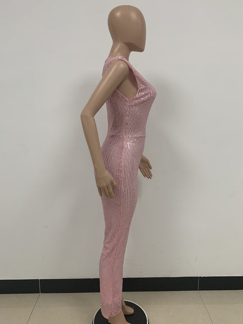 New Elegant Slanted Collar Sexy Glitter Sequin Fashion Backless Long Jumpsuits CODE: KAR1812