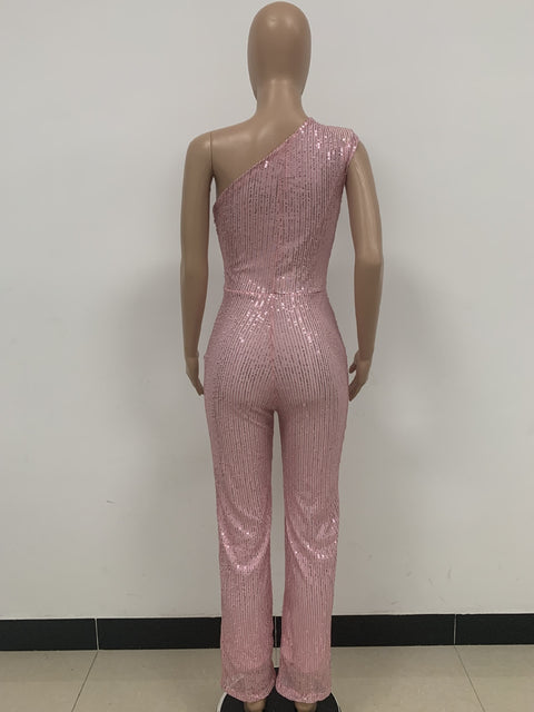 New Elegant Slanted Collar Sexy Glitter Sequin Fashion Backless Long Jumpsuits CODE: KAR1812