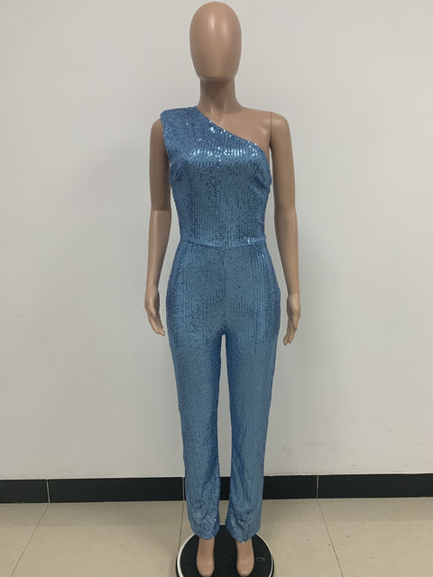 New Elegant Slanted Collar Sexy Glitter Sequin Fashion Backless Long Jumpsuits CODE: KAR1812