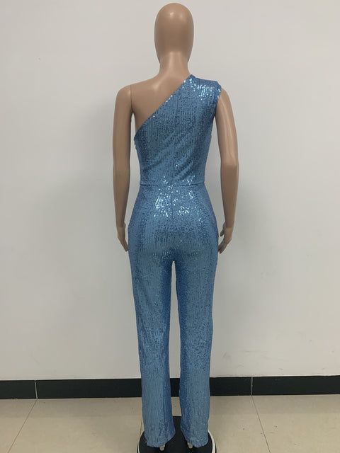 New Elegant Slanted Collar Sexy Glitter Sequin Fashion Backless Long Jumpsuits CODE: KAR1812