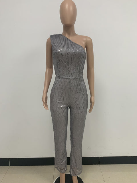 New Elegant Slanted Collar Sexy Glitter Sequin Fashion Backless Long Jumpsuits CODE: KAR1812