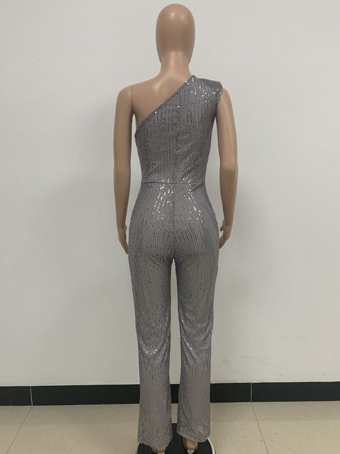 New Elegant Slanted Collar Sexy Glitter Sequin Fashion Backless Long Jumpsuits CODE: KAR1812