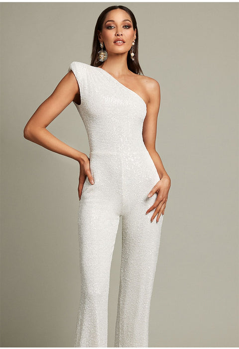 New Elegant Slanted Collar Sexy Glitter Sequin Fashion Backless Long Jumpsuits CODE: KAR1812