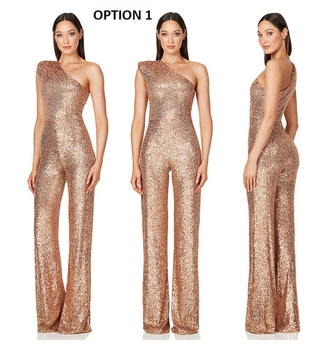New Elegant Slanted Collar Sexy Glitter Sequin Fashion Backless Long Jumpsuits CODE: KAR1812