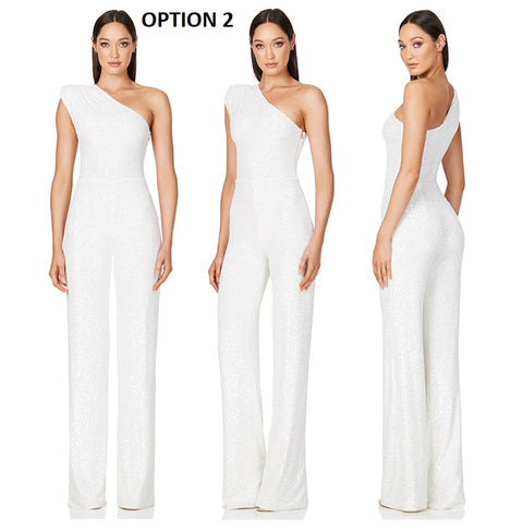 New Elegant Slanted Collar Sexy Glitter Sequin Fashion Backless Long Jumpsuits CODE: KAR1812