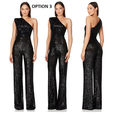 New Elegant Slanted Collar Sexy Glitter Sequin Fashion Backless Long Jumpsuits CODE: KAR1812