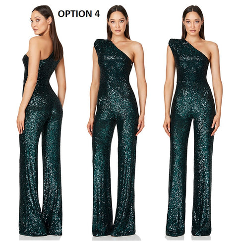 New Elegant Slanted Collar Sexy Glitter Sequin Fashion Backless Long Jumpsuits CODE: KAR1812