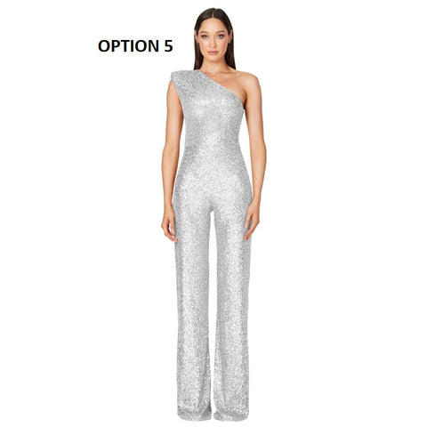 New Elegant Slanted Collar Sexy Glitter Sequin Fashion Backless Long Jumpsuits CODE: KAR1812