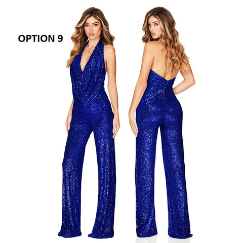 Autumn Newest Fashion Sexy Sleeveless Hanging Neck Open Back Sequin Playsuit Wide Leg Jumpsuit CODE: KAR1813