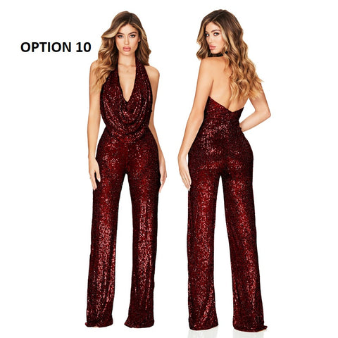 Autumn Newest Fashion Sexy Sleeveless Hanging Neck Open Back Sequin Playsuit Wide Leg Jumpsuit CODE: KAR1813