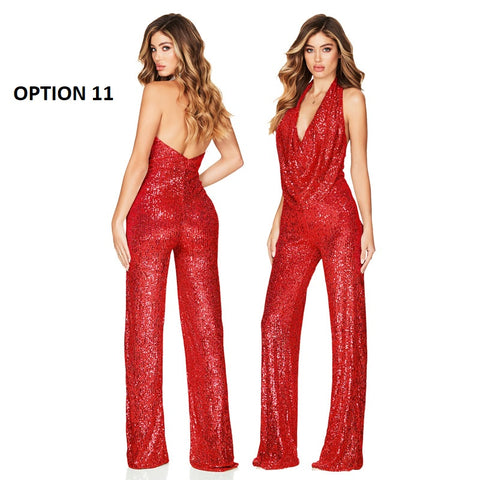 Autumn Newest Fashion Sexy Sleeveless Hanging Neck Open Back Sequin Playsuit Wide Leg Jumpsuit CODE: KAR1813