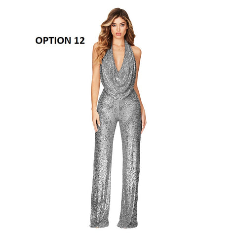 Autumn Newest Fashion Sexy Sleeveless Hanging Neck Open Back Sequin Playsuit Wide Leg Jumpsuit CODE: KAR1813