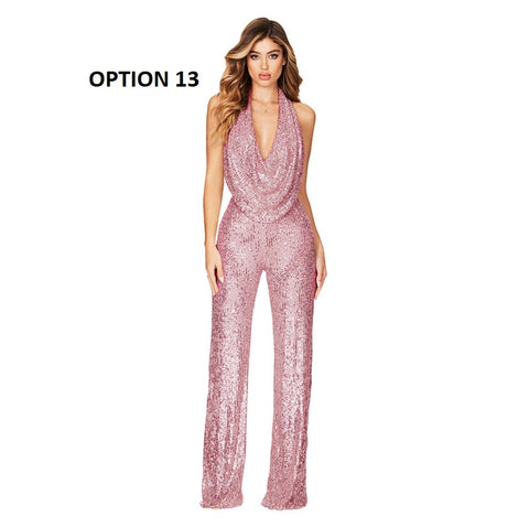 Autumn Newest Fashion Sexy Sleeveless Hanging Neck Open Back Sequin Playsuit Wide Leg Jumpsuit CODE: KAR1813