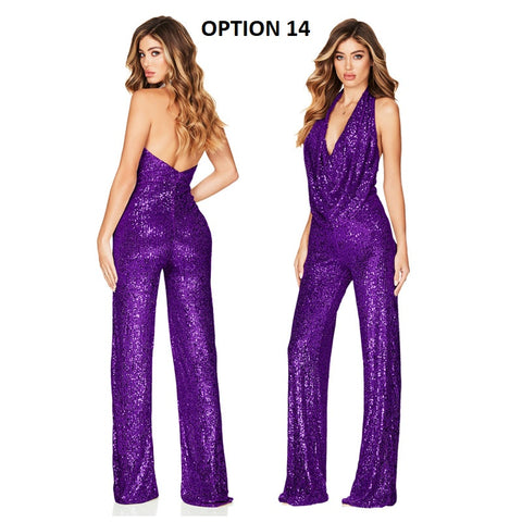 Autumn Newest Fashion Sexy Sleeveless Hanging Neck Open Back Sequin Playsuit Wide Leg Jumpsuit CODE: KAR1813