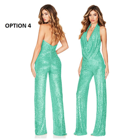 Autumn Newest Fashion Sexy Sleeveless Hanging Neck Open Back Sequin Playsuit Wide Leg Jumpsuit CODE: KAR1813