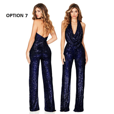 Autumn Newest Fashion Sexy Sleeveless Hanging Neck Open Back Sequin Playsuit Wide Leg Jumpsuit CODE: KAR1813