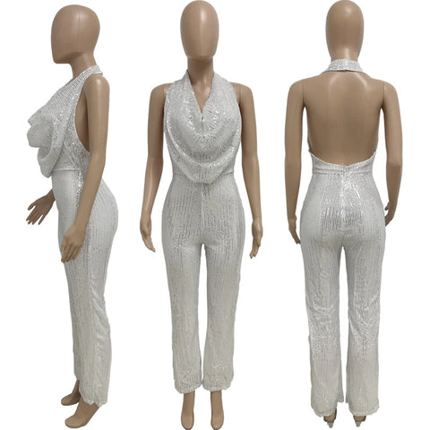 Autumn Newest Fashion Sexy Sleeveless Hanging Neck Open Back Sequin Playsuit Wide Leg Jumpsuit CODE: KAR1813