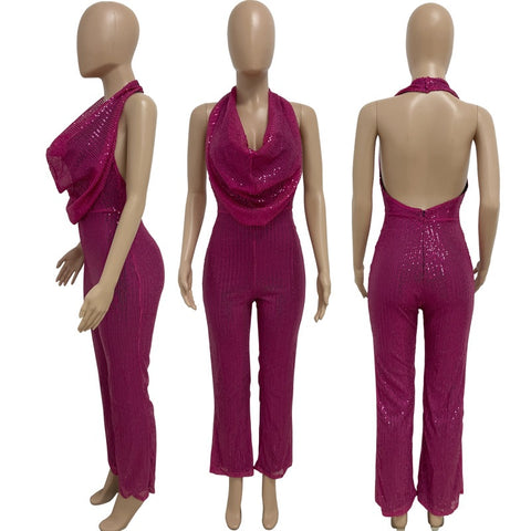 Autumn Newest Fashion Sexy Sleeveless Hanging Neck Open Back Sequin Playsuit Wide Leg Jumpsuit CODE: KAR1813