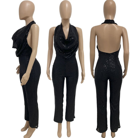 Autumn Newest Fashion Sexy Sleeveless Hanging Neck Open Back Sequin Playsuit Wide Leg Jumpsuit CODE: KAR1813