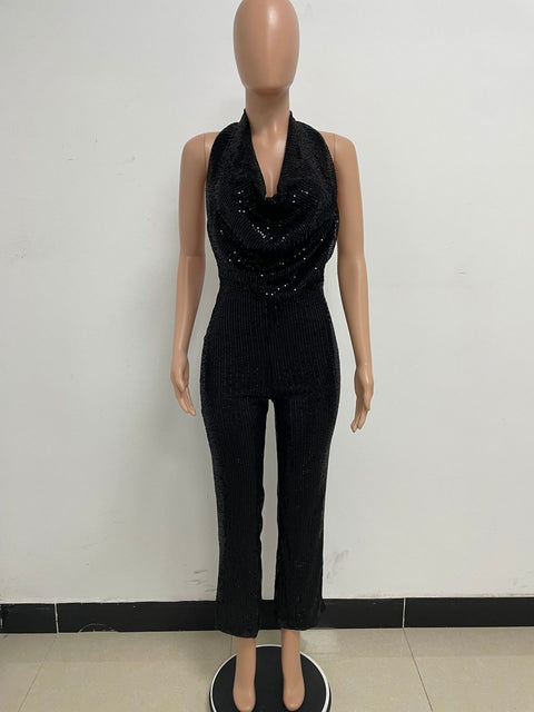 Autumn Newest Fashion Sexy Sleeveless Hanging Neck Open Back Sequin Playsuit Wide Leg Jumpsuit CODE: KAR1813