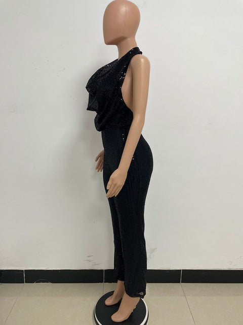 Autumn Newest Fashion Sexy Sleeveless Hanging Neck Open Back Sequin Playsuit Wide Leg Jumpsuit CODE: KAR1813