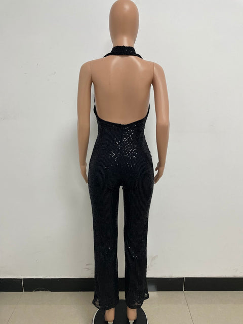 Autumn Newest Fashion Sexy Sleeveless Hanging Neck Open Back Sequin Playsuit Wide Leg Jumpsuit CODE: KAR1813